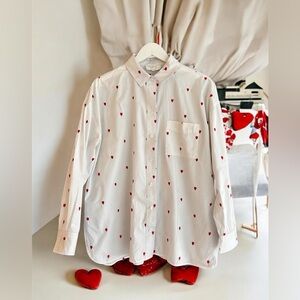 La February Oversized White Shirt with Red Heart Pattern